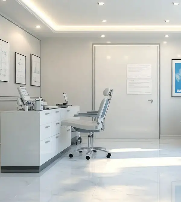 Mesa com cadeira de médico, espaço todo branco. consultório mobiliado em São Paulo