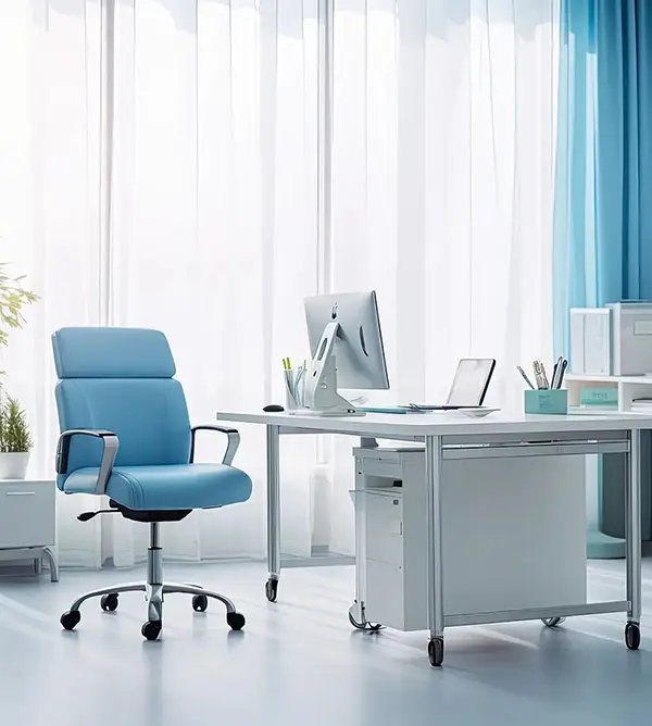 Foto de mesa com cadeira azul. Aluguel de consultório no Paraíso, em clínica da Medical Place no Paraíso, em São Paulo.