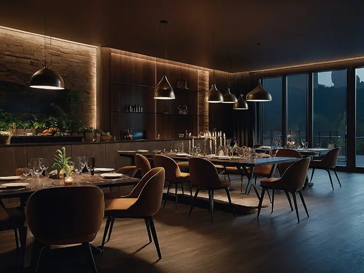 Restaurantes próximos aos consultórios no Paraíso em São Paulo. Mesas arrumadas em restaurante com luz bem aconchegante.